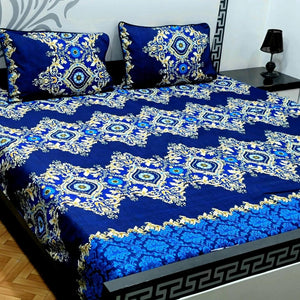 Crystal Cotton Double Bedsheet Set Royal Blue Gold Floral