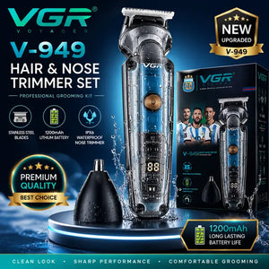 VGR V-949 Professional Hair & Nose Trimmer Set – 1200mAh Lithium Battery, Stainless Steel Blades, IPX6 Waterproof