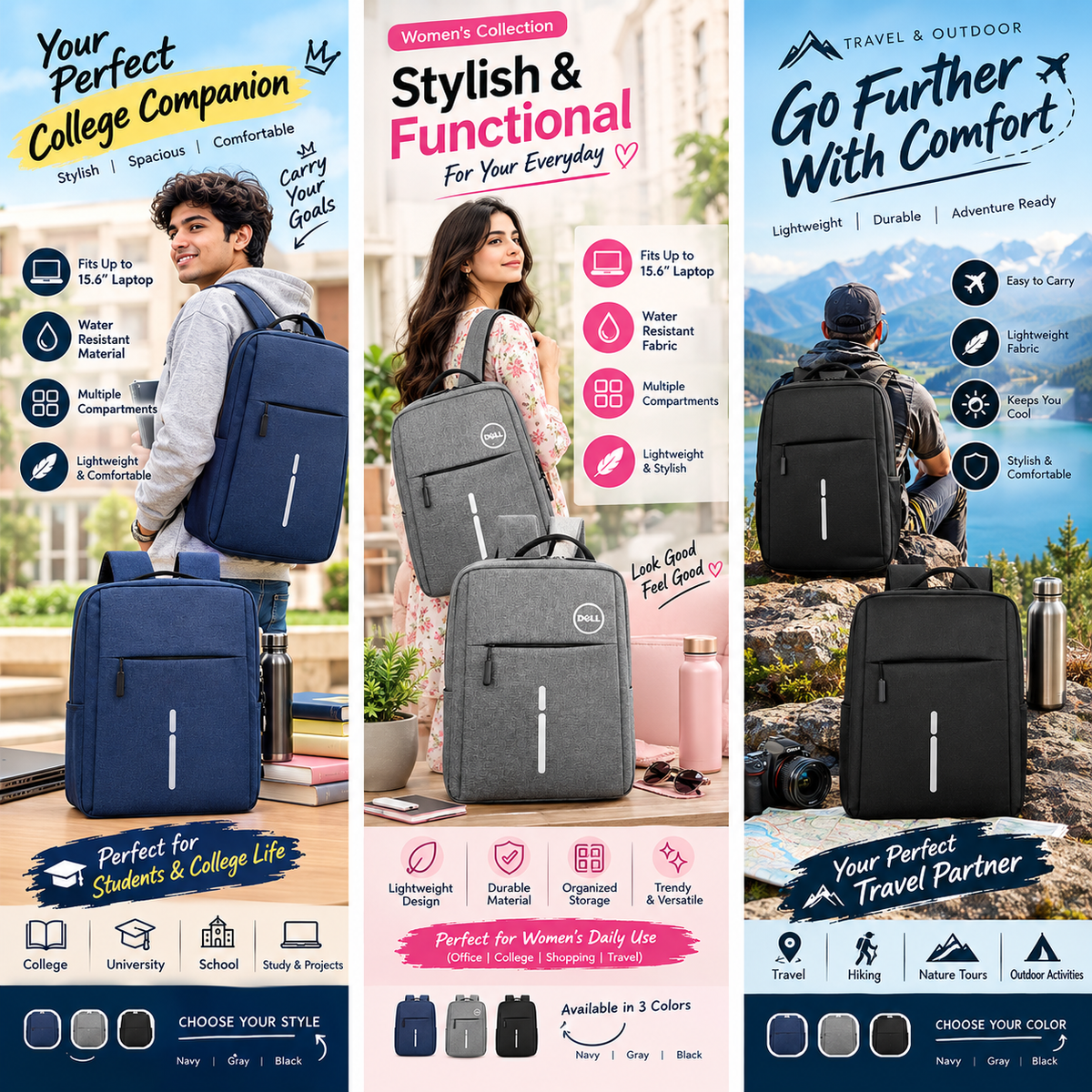 Stylish Lightweight Laptop Bag – Premium Polyester | Blue, Gray & Black